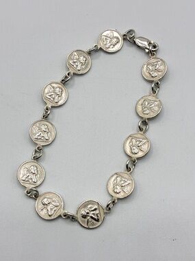 Vintage Sterling Silver Angel Charm Bracelet 925 Cherub Link Chain